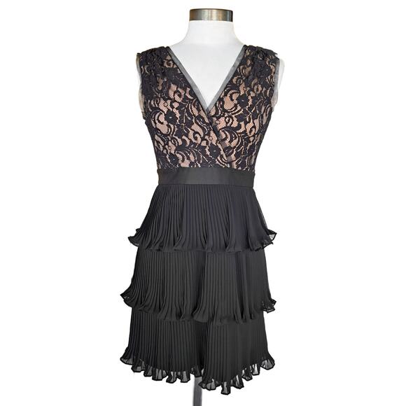 NEW BCBG Paris Black Lace Pleated Chiffon Mini Dress Size 4 Cocktail Party - Picture 2 of 11